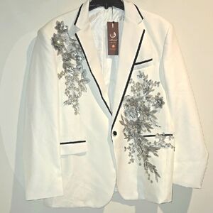 Elegant White and Silver Blazer with Floral Accents